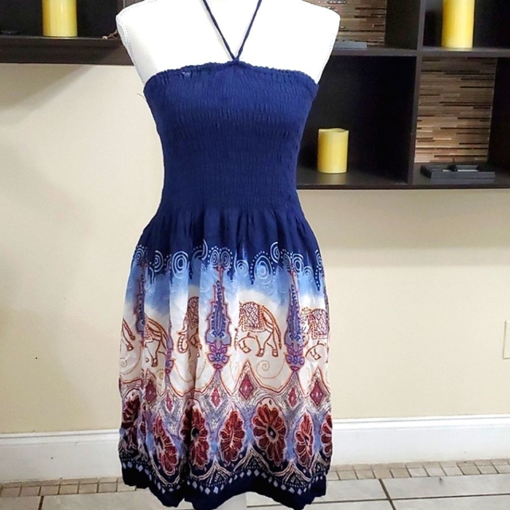 Navy Boho Gypsy Elephant Print Smocking Flowy Gauzy Beach Mini Dress S